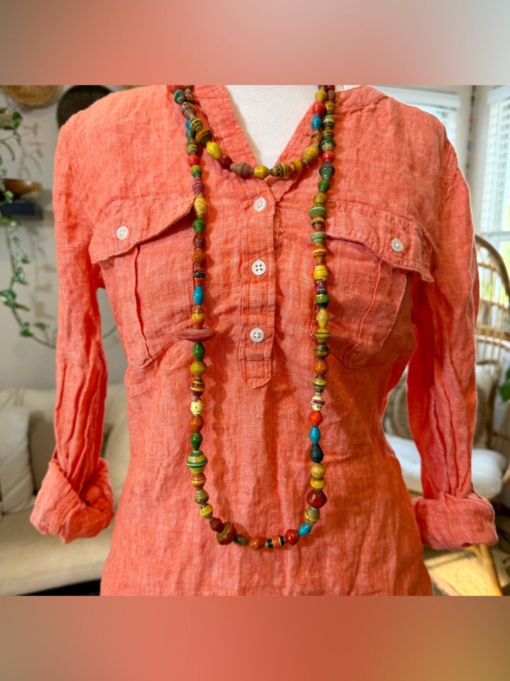 100% Linen Choral Orange Tunic Blouse M Beach Vacation Coastal Grandma Talbots